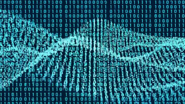Dynamic binary code flowing across dark background, technology abstract concept