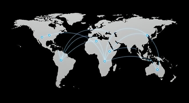 A simplified world map illustrating global connections with light blue circular markers and curved lines.
