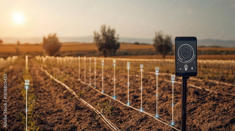 Poster advanced smart irrigation system with drip lines in agriculture field
