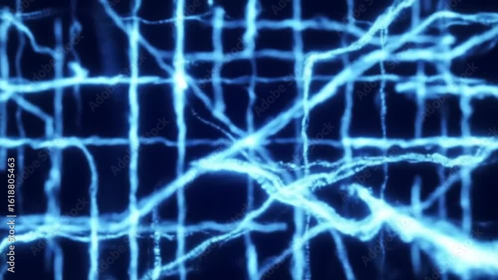 Poster dynamic abstract blue energy grid with glowing particles on dark background