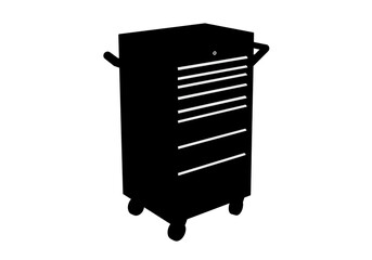A black rolling tool chest with multiple drawers and handles against a white background