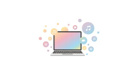 Laptop with pastel gradient screen surrounded by social media and music icons on a white background