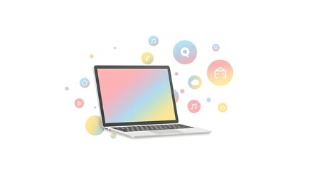 Laptop with rainbow screen and social media icons on a white background in a minimalist style