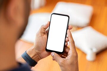 Hand holding Mockup mobile phone with blank white screen in cafe or coffee shop. A blank phone screen to put content or ads, advertise.
