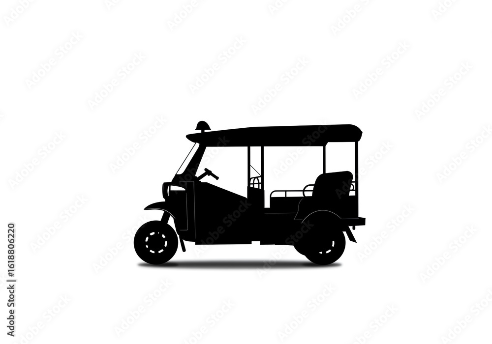 Poster a silhouette of a tuk tuk auto rickshaw with a white background in a side profile view