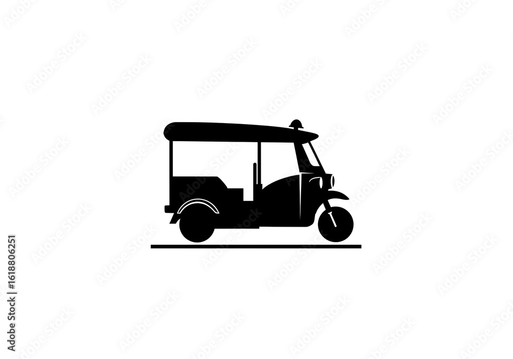 Poster a black silhouette of a tuk tuk on a white background with a visible horizontal line below