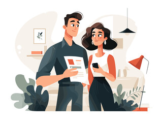 Young couple discussing documents while standing in stylish living room  