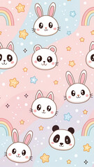 Cute kawaii animals pattern design for kids fabric and backgrounds with rabbits bears and pandas stars hd wallpaper, wallpaper 4k