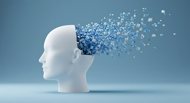 A white human head profile with an open top releasing fragmented blue particles.