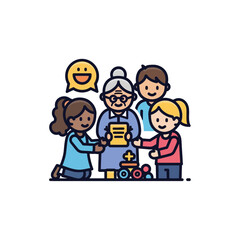 Obraz premium Generational group sharing a document, surrounded by children's toys.