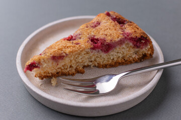 Slice of Homemade Raspberry Cake on Plate with Fork Rustic Dessert Photography