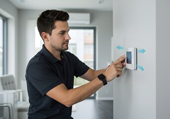 Man programming a modern smart thermostat for home automation and climate control. He is adjusting the temperature on the digital touch screen.