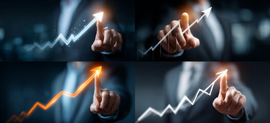 Businessman touching a glowing upward arrow graph symbolizing business growth, success, and financial progress

