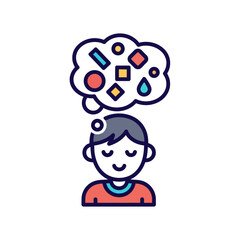 A young person thoughtfully contemplates a collection of colorful shapes and forms within their mind.