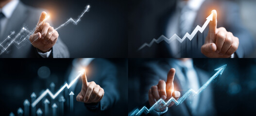 Businessman touching a glowing upward arrow graph symbolizing business growth, success, and financial progress

