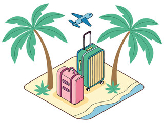Fototapeta premium Isometric Travel Vector: Pink Rolling Suitcase, Blue Bag & Green Duffel