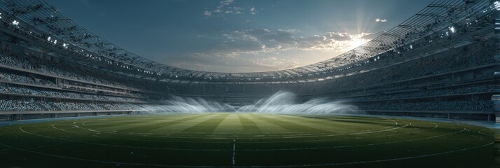 Impressive soccer stadium ready for match day with vibrant turf and sunlit atmosphere