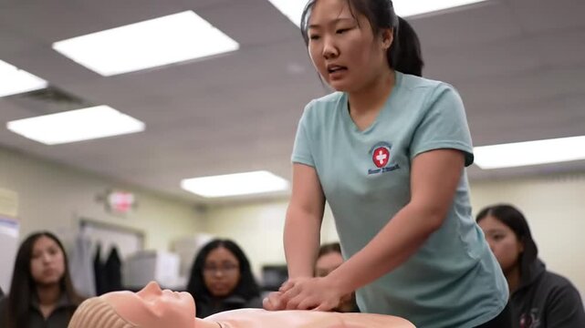 Young woman demonstrating CPR skills during a medical training session with students