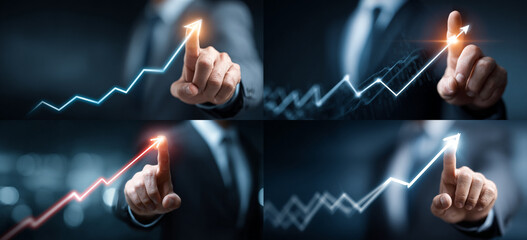 Businessman touching a glowing upward arrow graph symbolizing business growth, success, and financial progress


