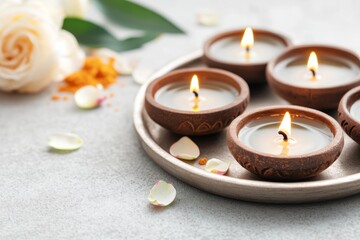 Diyas on Tray. Diyas arranged on a silver tray with flickering flames, surrounded by flower petals and aromatic spices, creating a serene and festive atmosphere for celebrations