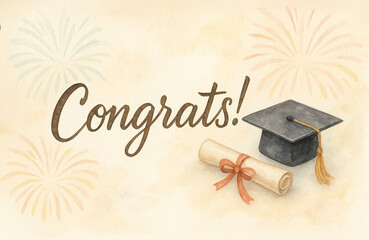 Graduation greeting card design with 'Congrats!' message, diploma, and academic cap, perfect for invitations and banners celebrating academic achievements for schools and universities