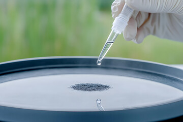 Hand in glove is carefully dropping liquid onto soil sample in laboratory setting, highlighting soil analysis for sustainable development. soil analysis, sustainable development, fertilization,