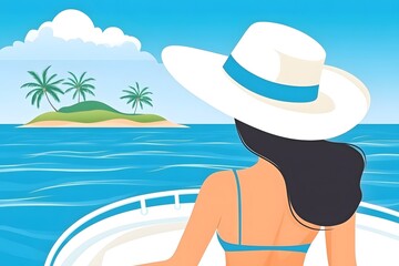 Woman wearing a wide-brimmed hat is enjoying a boat ride on a sunny day, gazing at a tropical island with palm trees in the distance, embodying relaxation and adventure