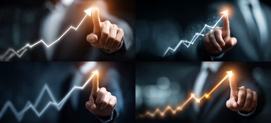 Businessman touching a glowing upward arrow graph symbolizing business growth, success, and financial progress

