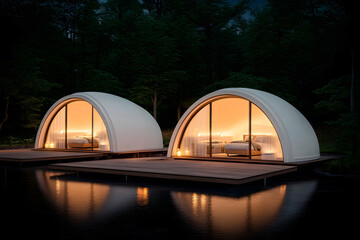 Modern glamping pods with illuminated interiors sit on a wooden deck by a serene lake, surrounded by lush trees, creating a tranquil outdoor retreat experience