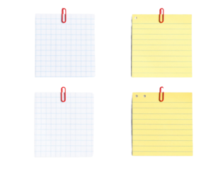Four blank paper notes clipped to a white or transparent background, arranged in a ne