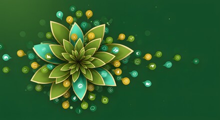 A green and yellow flower with icons floating around it on a green background in a digital illustration