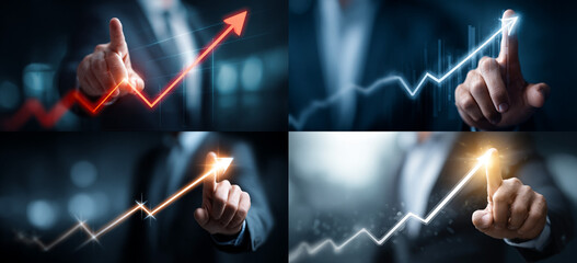 Businessman touching a glowing upward arrow graph symbolizing business growth, success, and financial progress

