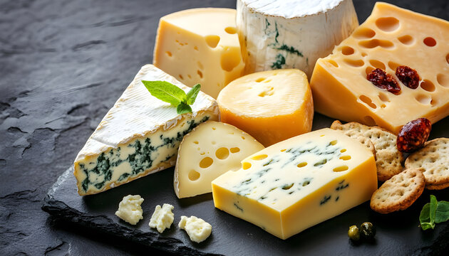 Assortment of hard aged cheese on a black stone surface. Set of snacks.