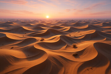 Aerial 3D sunrise view of surreal, golden sand dunes with soft ripples, glowing horizon, scattered shrubs, and flowing shadow patterns.