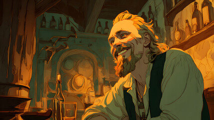 A smiling, bearded man in a vest and shirt is illuminated by warm light. He is in what appears to be a tavern setting. There are bottles.