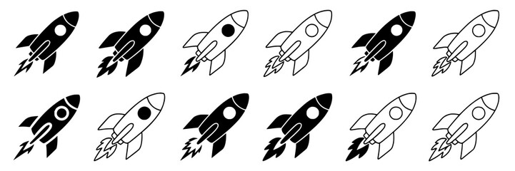 Collection of black and white rocket ship icons. Vector illustration set of simple spaceship shapes with flames, portholes, and fins. Monochrome design elements for startup, innovation, and space expl