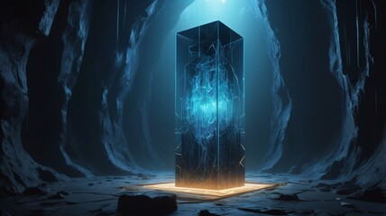 A mysterious glowing blue energy source is contained within a tall monolith inside a dark, ancient cave.