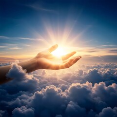 celestial blessing concept featuring god's hand breaking through sky with ethereal glow for church media and worship visuals