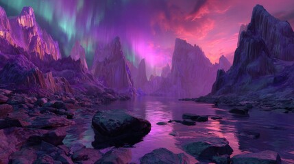 Fantasy mountain landscape with glowing aurora sky and reflective purple lake, surreal terrain and vivid colors creating a dreamlike environment, ideal for fantasy, sci-fi, or editorial themes