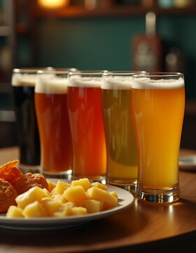 Varios tipos de cervezas acompa&ntilde;ados de botanas esperan ser consumidas en una reuni&oacute;n.