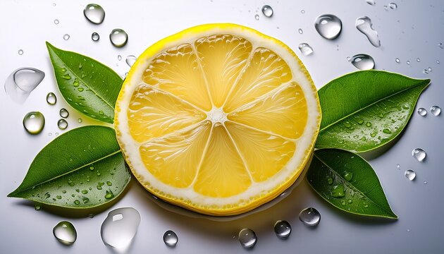 aufgeschnittene zitrone mit blattern und wassertropfen