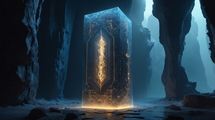 A mysterious glowing monolith with intricate golden patterns illuminates a dark, rocky cavern.