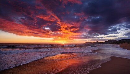 dramatic sunset over ocean waves with vivid red and dark clouds captured on beach shoreline at twilight
