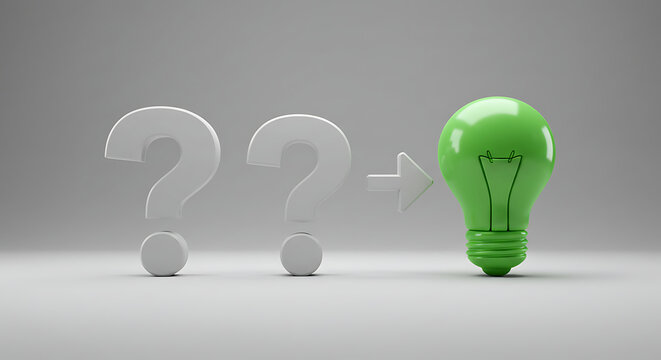 Two question marks transition to a green lightbulb, representing an innovative idea.