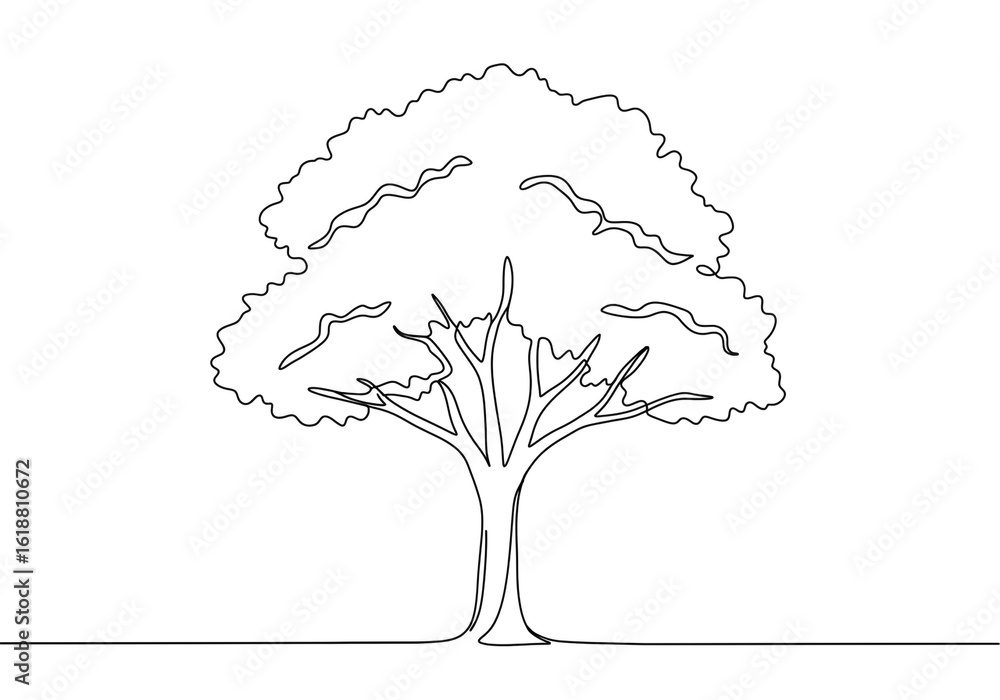 Poster a single continuous line drawing of a tree with branches and leaves on a white background