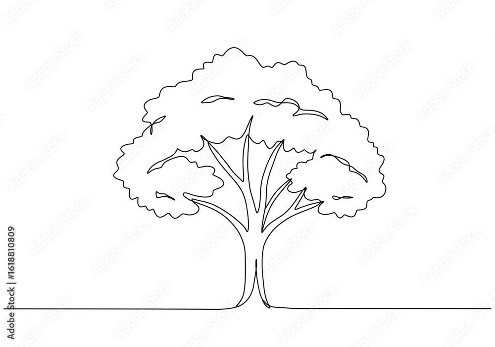 Poster a single continuous line drawing of a tree with branches and leaves on a white background