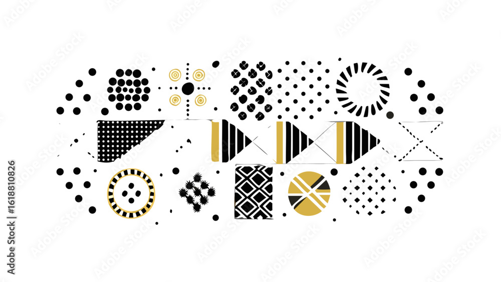 Poster abstract geometric shapes and patterns in black and gold with a modern minimalist design aesthetic