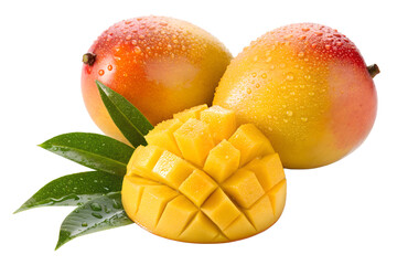 Fresh Ripe Mangoes with Sliced Fruit and Green Leaves on Transparent Background