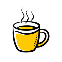 Simple yellow hand drawn coffee mug with a handle and steam isolated on a black background