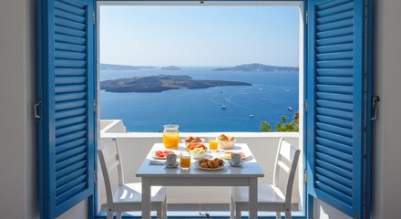 Breakfast with a View: Santorini's Blue Shutters and Aegean Sea Serenity